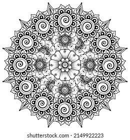 Circular pattern in form of mandala for Henna  Mehndi  tattoo  decoration. Coloring book page.