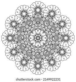 Circular pattern in form of mandala for Henna  Mehndi  tattoo  decoration. Coloring book page.