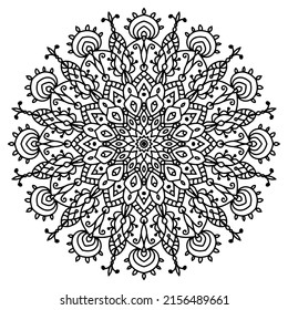 Circular pattern in form of mandala for Henna, Mehndi, tattoo, decoration. Beautiful relaxation black and white ornament. Coloring book page.	
