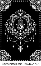 Circular pattern in form of mandala for Henna, Mehndi, tattoo, decoration. Decorative ornament in oriental style with Hamsa hand drawn symbol and Yin-Yang.