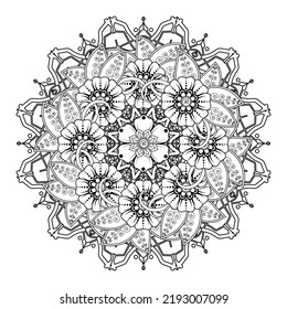 Circular pattern in form of mandala for Henna, Mehndi, tattoo, decoration. Decorative ornament in ethnic oriental style. Coloring book page.