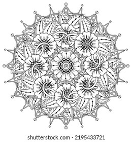 Circular pattern in form of mandala for Henna, Mehndi, tattoo, decoration. Decorative ornament in ethnic oriental style. Coloring book page.