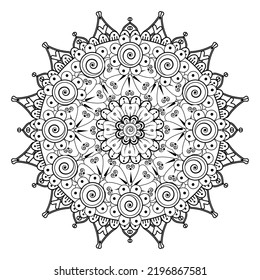 Circular pattern in form of mandala for Henna, Mehndi, tattoo, decoration. Coloring book page.