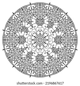 Circular pattern in form of mandala for Henna, Mehndi, tattoo, decoration. Coloring book page.