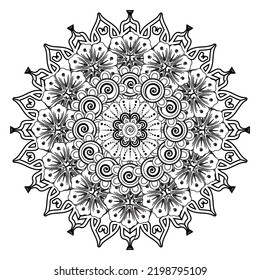 Circular pattern in form of mandala for Henna, Mehndi, tattoo, decoration. Decorative ornament in ethnic oriental style. Coloring book page.