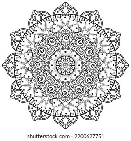 Circular pattern in form of mandala for Henna, Mehndi, tattoo, decoration. Decorative ornament in ethnic oriental style. Coloring book page.