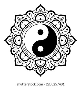 Circular pattern in form of mandala for Henna, Mehndi, tattoo, decoration. Decorative ornament in ethnic oriental style with Yin-yang hand drawn symbol. Outline doodle vector illustration.