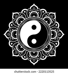 Circular pattern in form of mandala for Henna, Mehndi, tattoo, decoration. Decorative ornament in ethnic oriental style with Yin-yang hand drawn symbol. Outline doodle vector illustration.