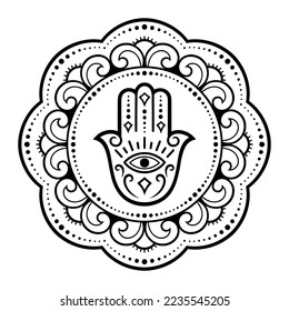 Circular pattern in form of mandala for Henna, Mehndi, tattoo, decoration. Decorative ornament in oriental style with flower and Hamsa hand drawn symbol. Coloring book page.