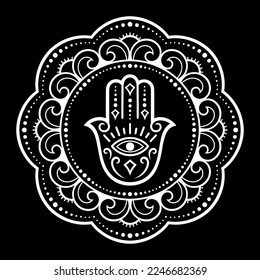 Circular pattern in form of mandala for Henna, Mehndi, tattoo, decoration. Decorative ornament in oriental style with flower and Hamsa hand drawn symbol. Coloring book page.