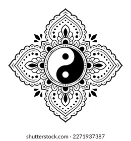 Circular pattern in form of mandala for Henna, Mehndi, tattoo, decoration. Decorative ornament in ethnic oriental style with Yin-yang hand drawn symbol. Outline doodle vector illustration.