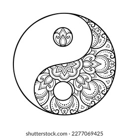 Circular pattern in form of mandala for Henna, Mehndi, tattoo, decoration. Decorative ornament in ethnic oriental style with Yin-yang hand drawn symbol. Outline doodle vector illustration.