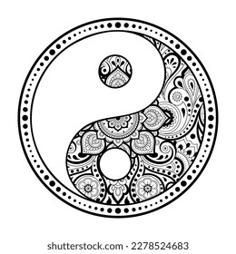Circular pattern in form of mandala for Henna, Mehndi, tattoo, decoration. Decorative ornament in ethnic oriental style with Yin-yang hand drawn symbol. Outline doodle vector illustration.