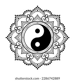 Circular pattern in form of mandala for Henna, Mehndi, tattoo, decoration. Decorative ornament in ethnic oriental style with Yin-yang hand drawn symbol. Outline doodle vector illustration.