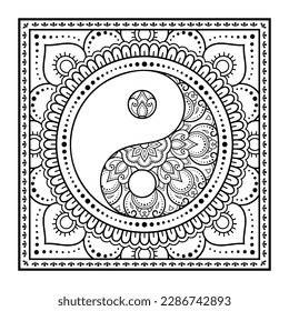 Circular pattern in form of mandala for Henna, Mehndi, tattoo, decoration. Decorative ornament in ethnic oriental style with Yin-yang hand drawn symbol. Outline doodle vector illustration.