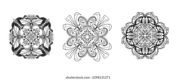 Circular pattern in form of mandala for Henna, Mehndi, tattoo, decoration. Decorative ornament in ethnic oriental style. Mandala pattern black and white. 3 in 1 design, fabric, coloring book.