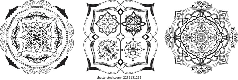 Circular pattern in form of mandala for Henna, Mehndi, tattoo, decoration. Decorative ornament in ethnic oriental style. Mandala pattern black and white. 3 in 1 design, fabric, coloring book.