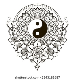 Circular pattern in form of mandala for Henna, Mehndi, tattoo, decoration. Decorative ornament in ethnic oriental style with Yin-yang hand drawn symbol. Outline doodle vector illustration.