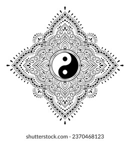 Circular pattern in form of mandala for Henna, Mehndi, tattoo, decoration. Decorative ornament in ethnic oriental style with Yin-yang hand drawn symbol. Outline doodle vector illustration.
