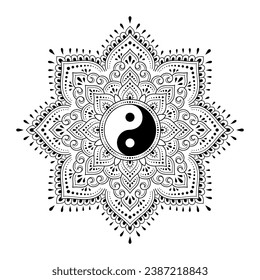 Circular pattern in form of mandala for Henna, Mehndi, tattoo, decoration. Decorative ornament in ethnic oriental style with Yin-yang hand drawn symbol. Outline doodle vector illustration.