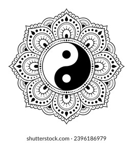 Circular pattern in form of mandala for Henna, Mehndi, tattoo, decoration. Decorative ornament in ethnic oriental style with Yin-yang hand drawn symbol. Outline doodle vector illustration.