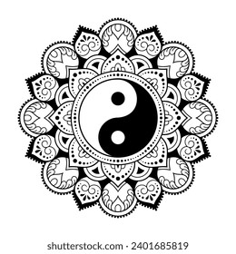 Circular pattern in form of mandala for Henna, Mehndi, tattoo, decoration. Decorative ornament in ethnic oriental style with Yin-yang hand drawn symbol. Outline doodle vector illustration.