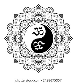 Circular pattern in form of mandala for Henna, Mehndi, tattoo, decoration. Decorative ornament in ethnic oriental style with Yin-yang symbol and mantra OM. Outline doodle vector illustration.