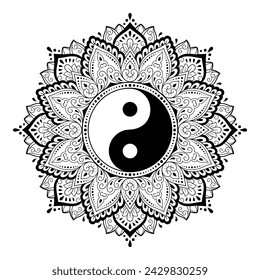 Circular pattern in form of mandala for Henna, Mehndi, tattoo, decoration. Decorative ornament in ethnic oriental style with Yin-yang hand drawn symbol. Outline doodle vector illustration.