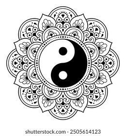 Circular pattern in form of mandala for Henna, Mehndi, tattoo, decoration. Decorative ornament in ethnic oriental style with Yin-yang hand drawn symbol. Outline doodle vector illustration.