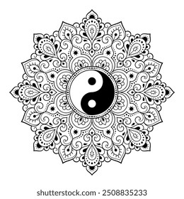 Circular pattern in form of mandala for Henna, Mehndi, tattoo, decoration. Decorative ornament in ethnic oriental style with Yin-yang hand drawn symbol. Outline doodle vector illustration.