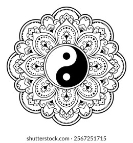 Circular pattern in form of mandala for Henna, Mehndi, tattoo, decoration. Decorative ornament in ethnic oriental style with Yin-yang hand drawn symbol. Outline doodle vector illustration.