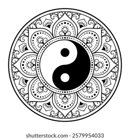 Circular pattern in form of mandala for Henna, Mehndi, tattoo, decoration. Decorative ornament in ethnic oriental style with Yin-yang hand drawn symbol. Outline doodle vector illustration.