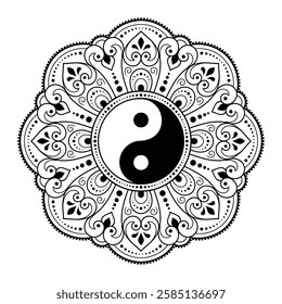 Circular pattern in form of mandala for Henna, Mehndi, tattoo, decoration. Decorative ornament in ethnic oriental style with Yin-yang hand drawn symbol. Outline doodle vector illustration.