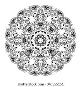 Circular pattern in form of mandala for Henna, Mehndi, tattoo, decoration. Decorative ornament in ethnic oriental style. Coloring book page.
