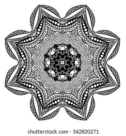 Circular pattern in form of mandala for Henna, Mehndi, tattoo, decoration. Decorative ornament in ethnic oriental style. Coloring book page.