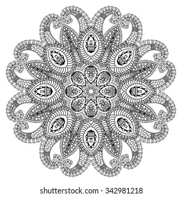 Circular pattern in form of mandala for Henna, Mehndi, tattoo, decoration. Decorative ornament in ethnic oriental style. Coloring book page.