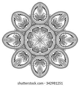 Circular pattern in form of mandala for Henna, Mehndi, tattoo, decoration. Decorative ornament in ethnic oriental style. Coloring book page.