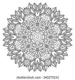 Circular pattern in form of mandala for Henna, Mehndi, tattoo, decoration. Decorative ornament in ethnic oriental style. Coloring book page.