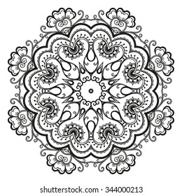 Circular pattern in form of mandala for Henna, Mehndi, tattoo, decoration. Decorative ornament in ethnic oriental style. Coloring book page.