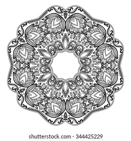 Circular pattern in form of mandala for Henna, Mehndi, tattoo, decoration. Decorative ornament in ethnic oriental style. Coloring book page.