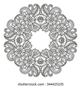 Circular pattern in form of mandala for Henna, Mehndi, tattoo, decoration. Decorative ornament in ethnic oriental style. Coloring book page.