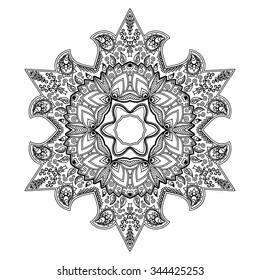 Circular pattern in form of mandala for Henna, Mehndi, tattoo, decoration. Decorative ornament in ethnic oriental style. Coloring book page.