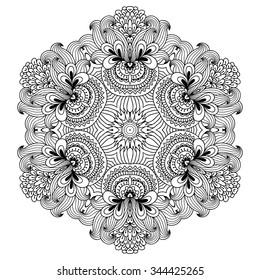 Circular pattern in form of mandala for Henna, Mehndi, tattoo, decoration. Decorative ornament in ethnic oriental style. Coloring book page.