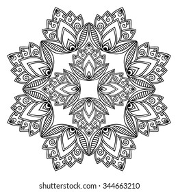 Circular pattern in form of mandala for Henna, Mehndi, tattoo, decoration. Decorative ornament in ethnic oriental style. Coloring book page.