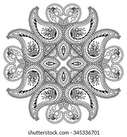 Circular pattern in form of mandala for Henna, Mehndi, tattoo, decoration. Decorative ornament in ethnic oriental style. Coloring book page.