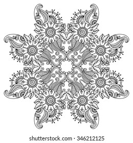 Circular pattern in form of mandala for Henna, Mehndi, tattoo, decoration. Decorative ornament in ethnic oriental style. Coloring book page.