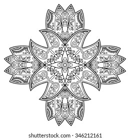 Circular pattern in form of mandala for Henna, Mehndi, tattoo, decoration. Decorative ornament in ethnic oriental style. Coloring book page.