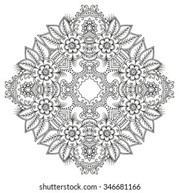 Circular pattern in form of mandala for Henna, Mehndi, tattoo, decoration. Decorative ornament in ethnic oriental style. Coloring book page.