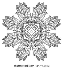 Circular pattern in form of mandala for Henna, Mehndi, tattoo, decoration. Decorative ornament in ethnic oriental style. Coloring book page.