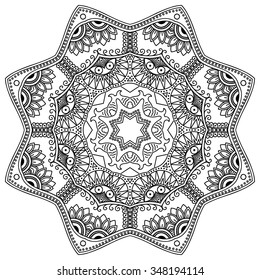 Circular pattern in form of mandala for Henna, Mehndi, tattoo, decoration. Decorative ornament in ethnic oriental style. Coloring book page.